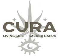CURA logo with cannabis leaf and tagline 'Living Soil - Sacred Ganja'