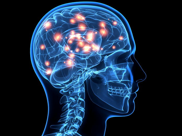 X-ray style illustration of a human head showing glowing points of brain activity