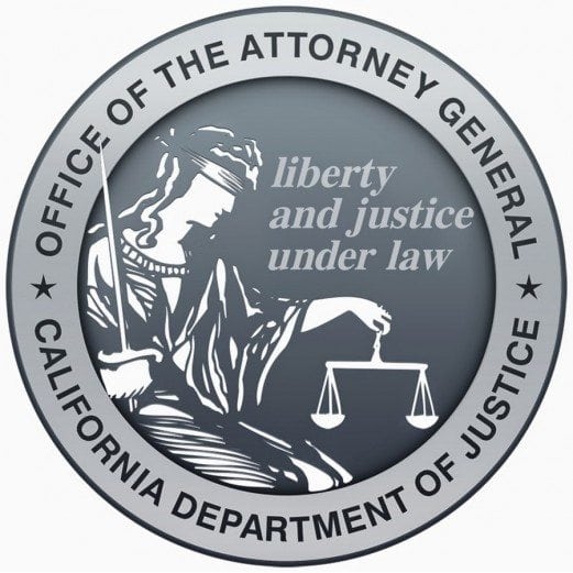 Seal of the Office of the Attorney General, California Department of Justice, with Lady Justice and the motto liberty and