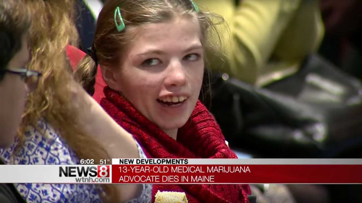 News broadcast of a smiling girl, caption: 13-year-old medical marijuana advocate dies in Maine